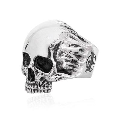 Sterling Silver Gothic Skull Ring - Black Feather Design